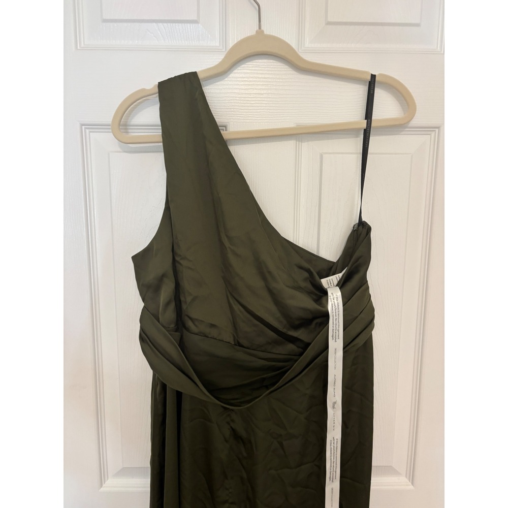 NWT Dessy One Shoulder Draped Twist Empire Waist Trumpet Gown Olive Green Sz 6 - Picture 6 of 7